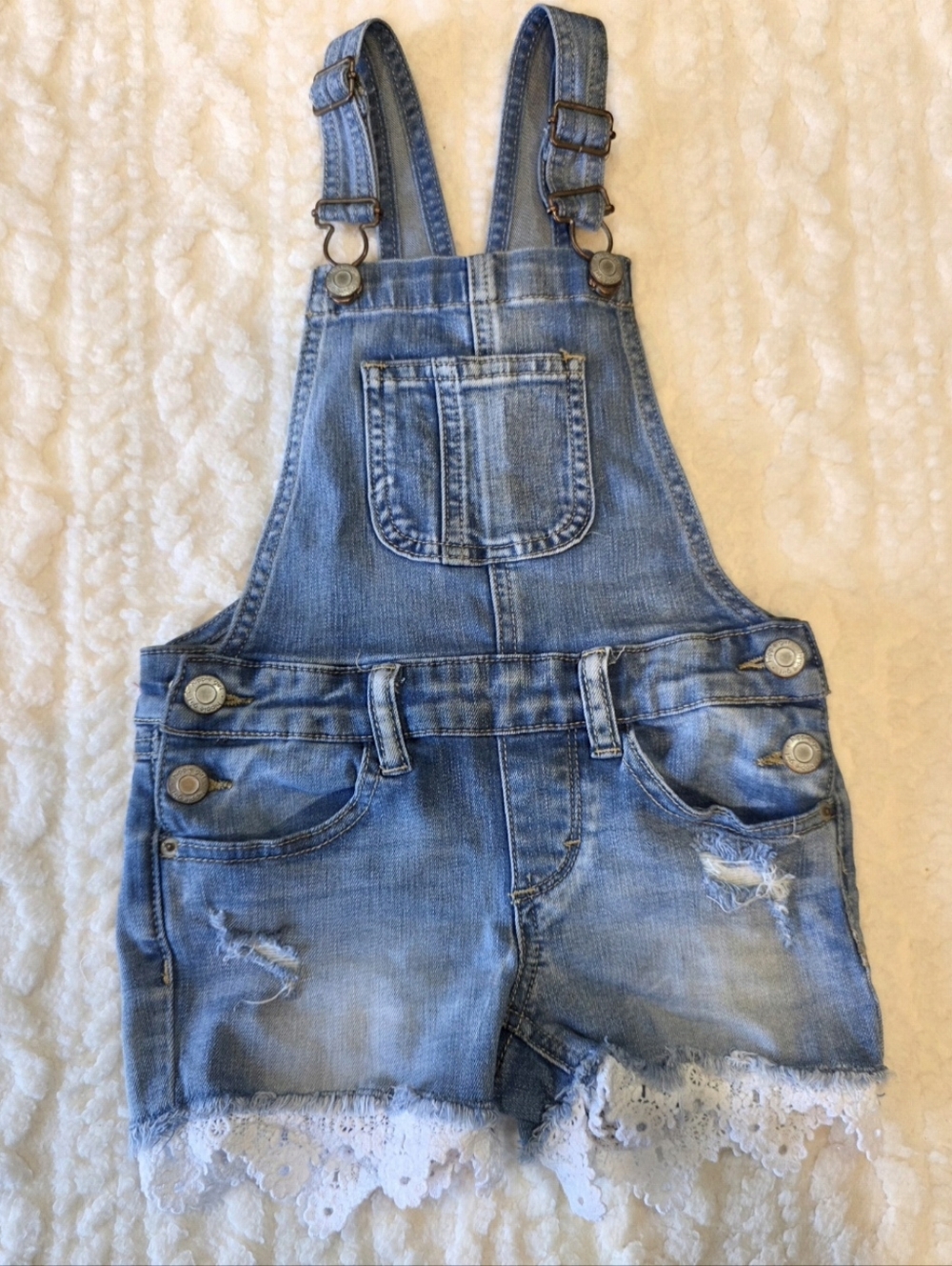 Hippie Girl Denim Lace Trim Short Overalls Size 4